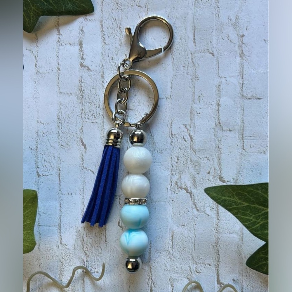 Blue and White Beaded Keychain with Tassel